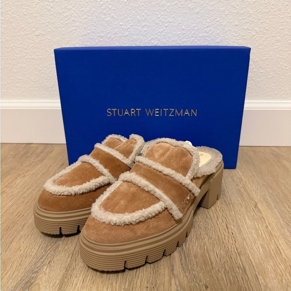 Stuart Weitzman Lennox New Camel Shearling Women's Mules Sz 9B